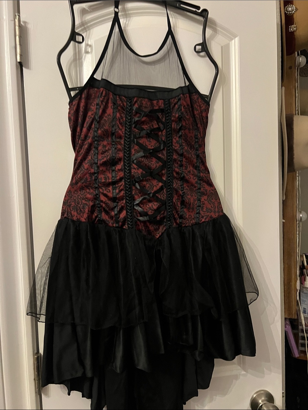 Red and Black Lace-Up Tiered vampire dress ,